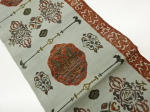 手織り紬抽象草花に更紗模様名古屋帯